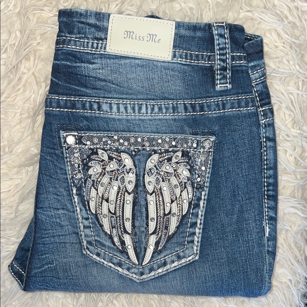 Miss Me Dark Blue Angel Wing Embellished Jeans Straight Leg Jeans - Size 33